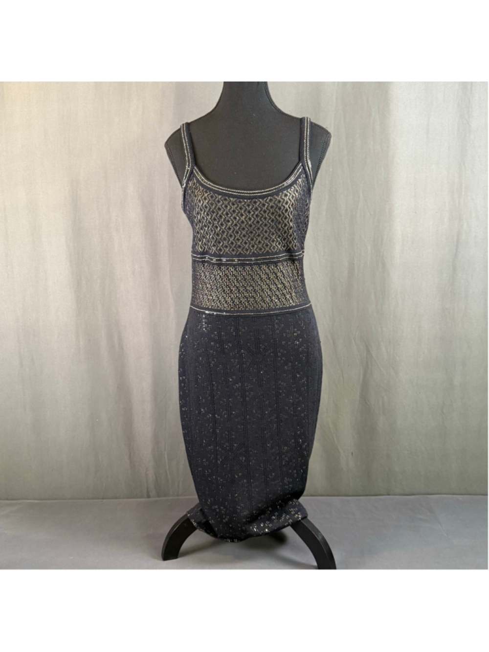 St John Evening Dress 4 Quiet Luxury Metallic Knit Old Money Glam Black Gold - Picture 2 of 16